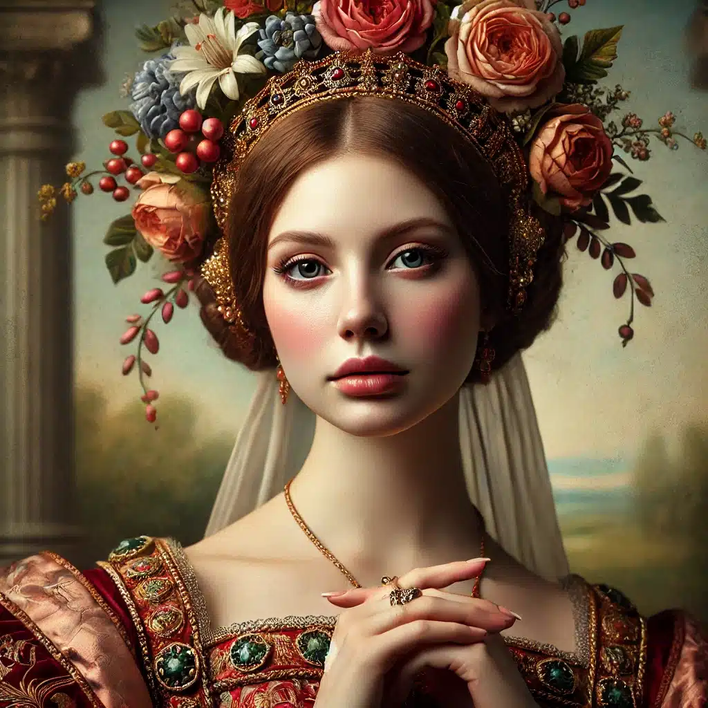 A regal queen with a crown of flowers, Renaissance painting style, soft lighting, fine details.