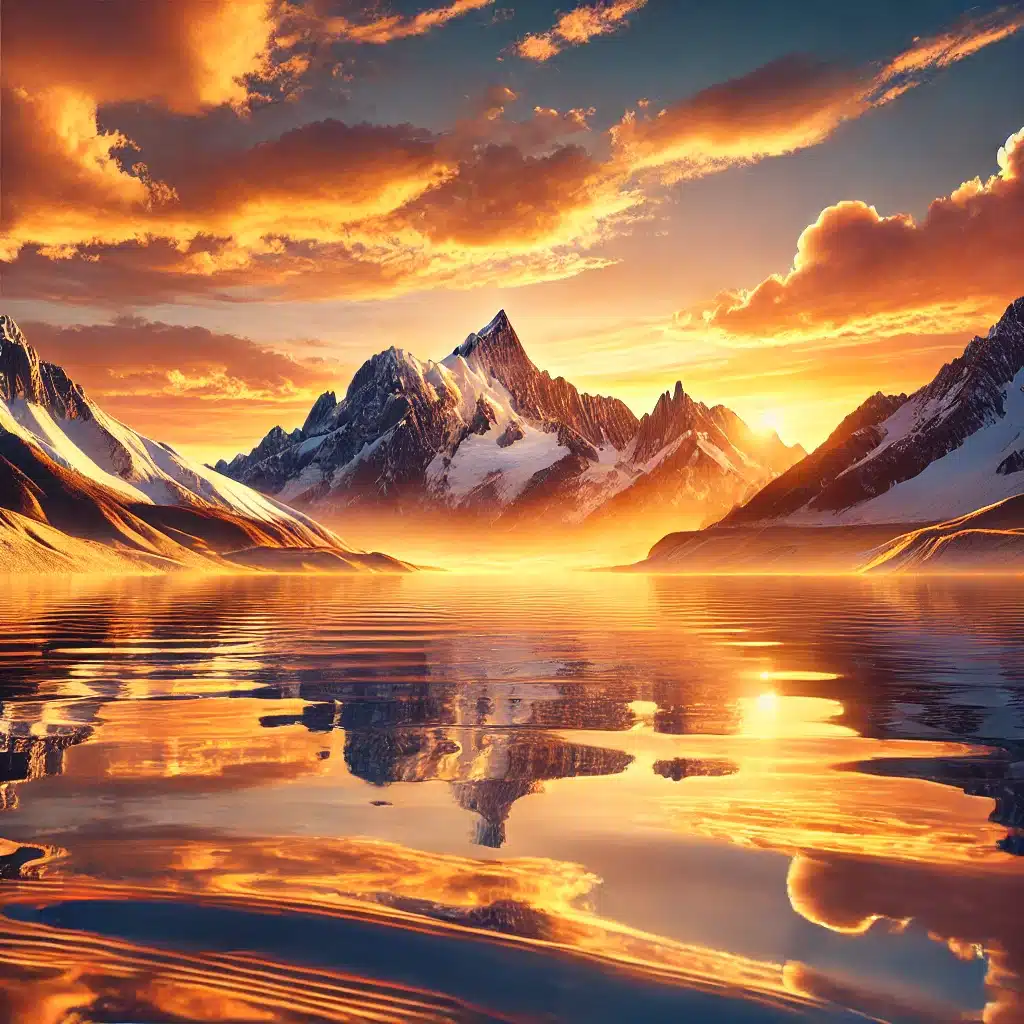 A golden sunset over snow-capped mountains, soft clouds glowing with orange and pink hues, a calm lake reflecting the sky, hyperrealistic style.