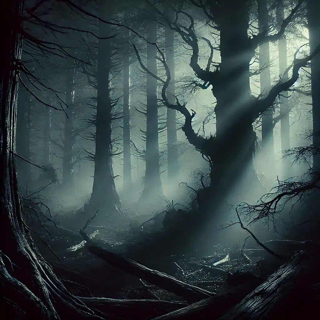 An eerie forest shrouded in mist, shadowy trees with twisted branches, faint moonlight streaming through the canopy, cinematic style.