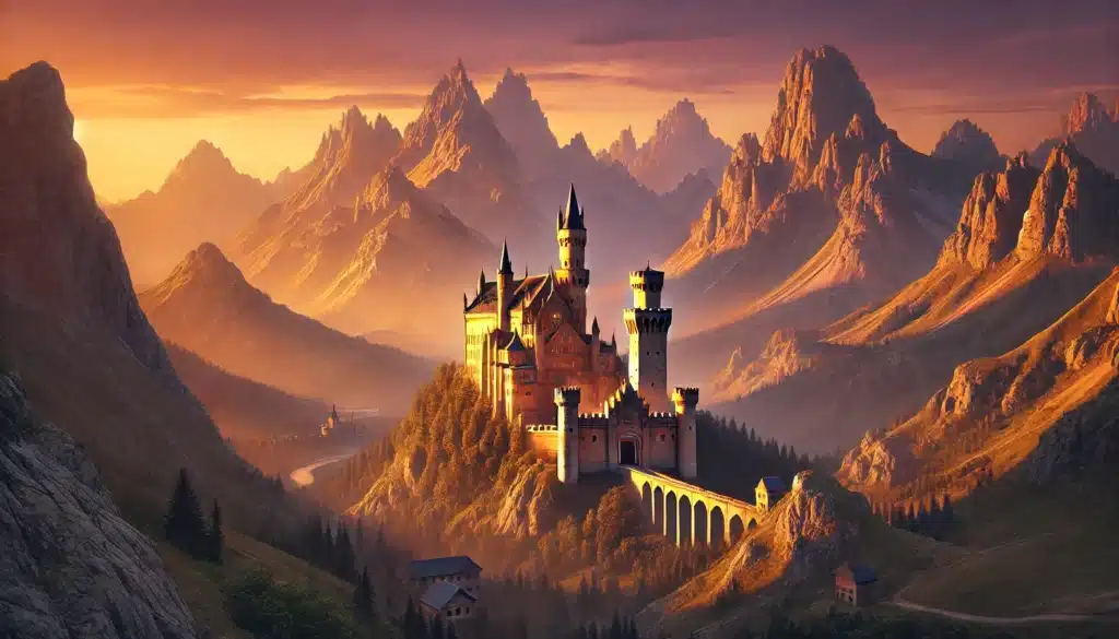 A medieval castle surrounded by mountains at sunset, cinematic style, warm lighting.A medieval castle surrounded by mountains at sunset, cinematic style, warm lighting.