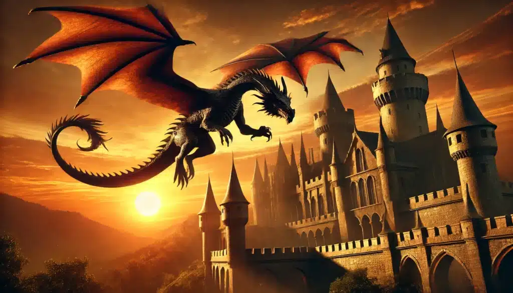 A majestic dragon soaring over a medieval castle, cinematic style, glowing orange sunset, intricate scales, dynamic lighting.