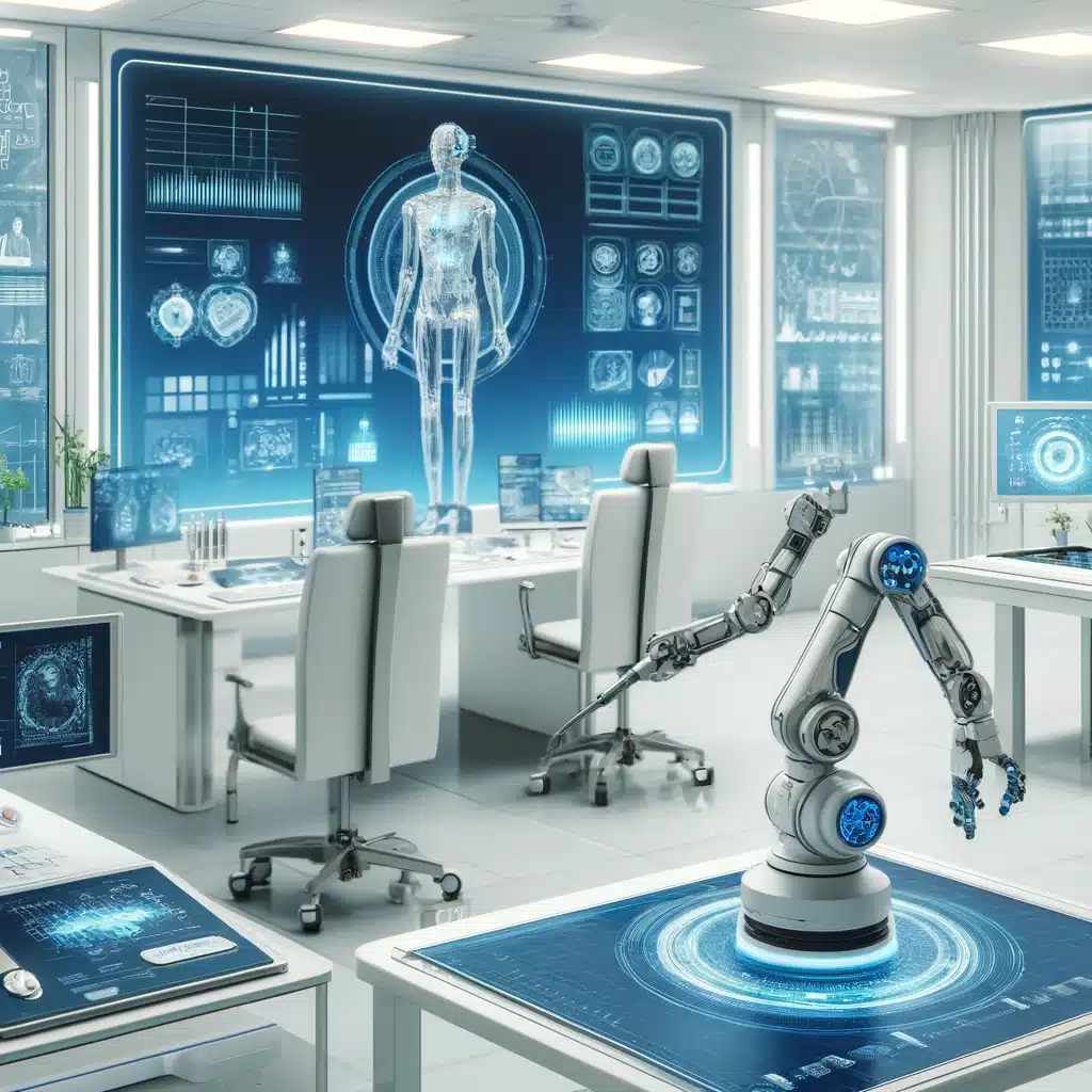Futuristic medical laboratory with AI technology showing high-tech monitors and robotic arms conducting tests